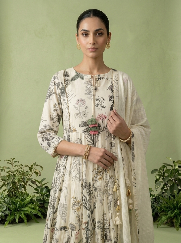 Cream Cotton Floral Printed Three Piece Set