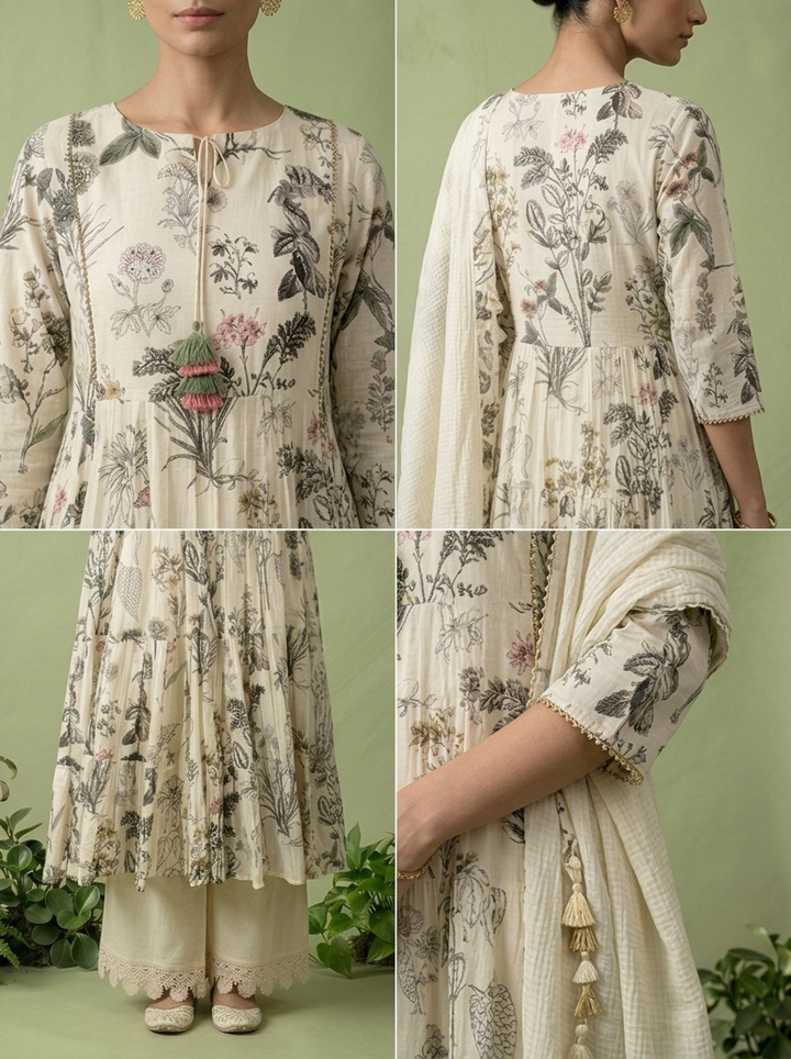 Cream Cotton Floral Printed Three Piece Set