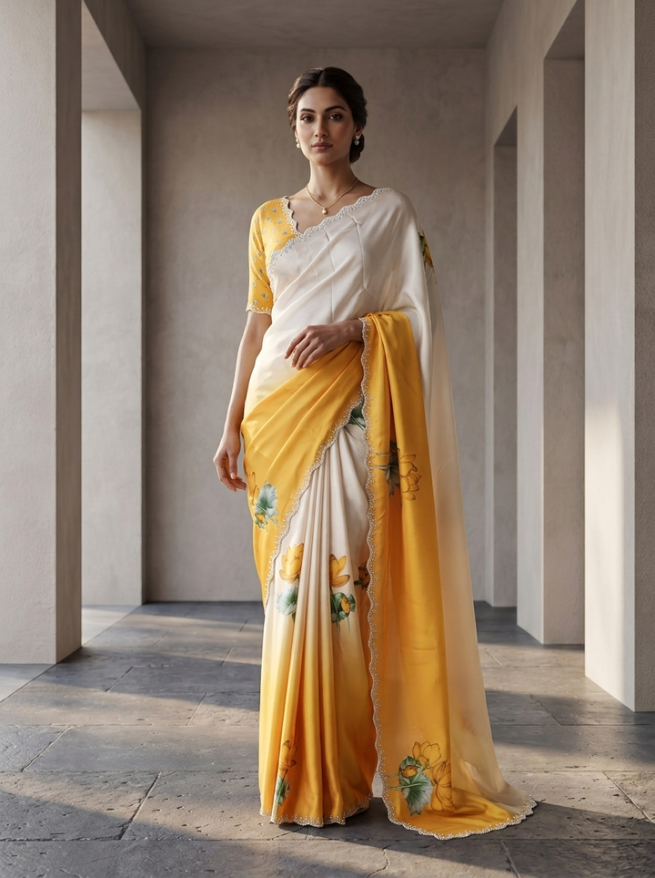 White And Mustard Satin Printed Saree