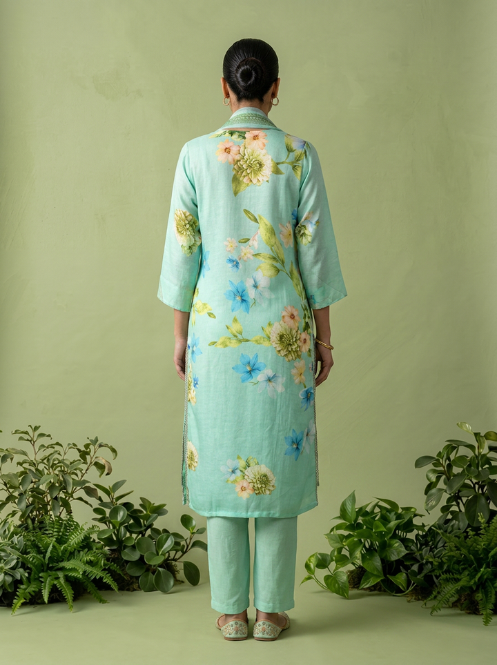 Mint Linen Heavy Floral Printed Three Piece Set
