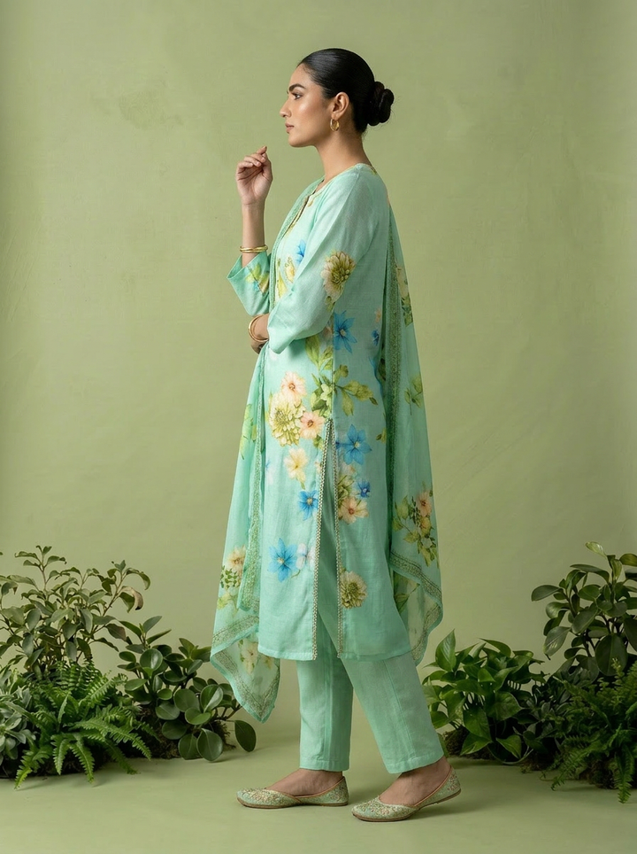 Mint Linen Heavy Floral Printed Three Piece Set
