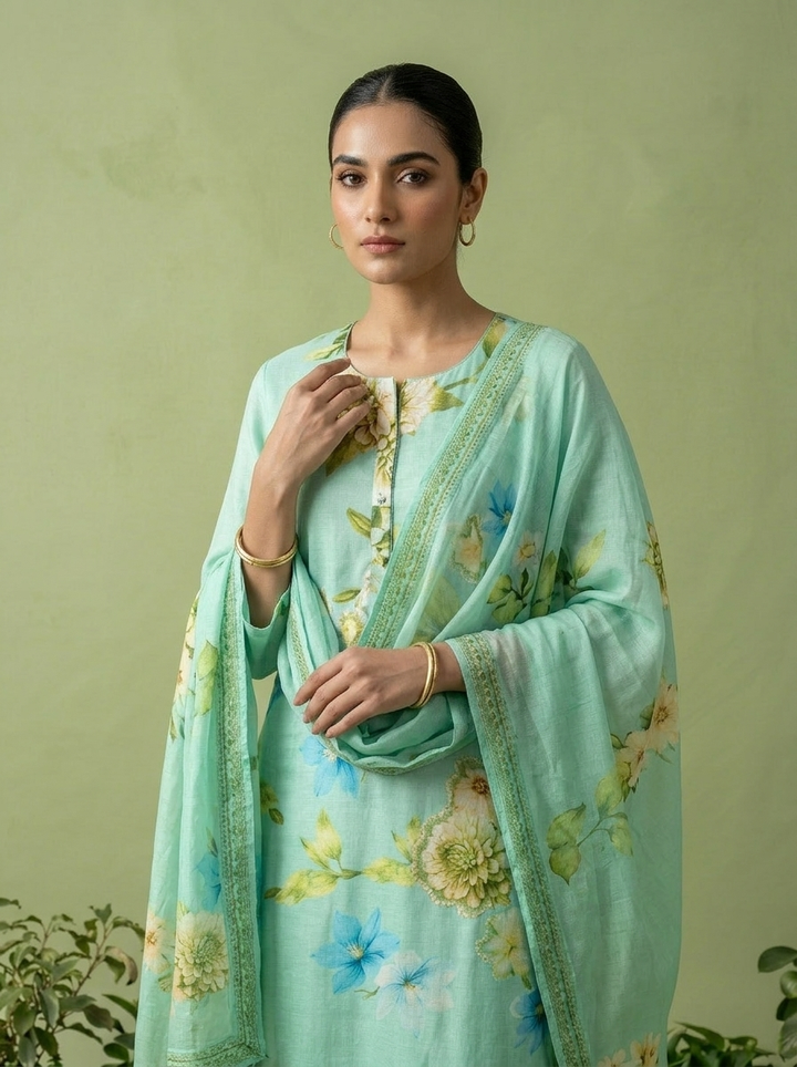 Mint Linen Heavy Floral Printed Three Piece Set