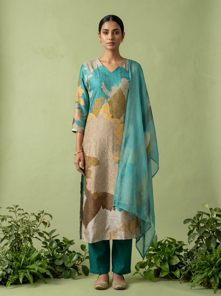 Sea Green And Beige Rayon Abstract Printed Three Piece Set