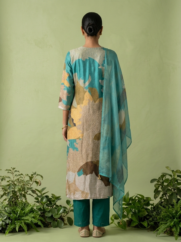 Sea Green And Beige Rayon Abstract Printed Three Piece Set