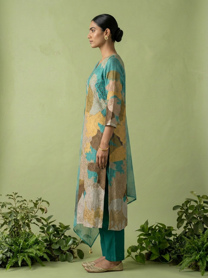 Sea Green And Beige Rayon Abstract Printed Three Piece Set