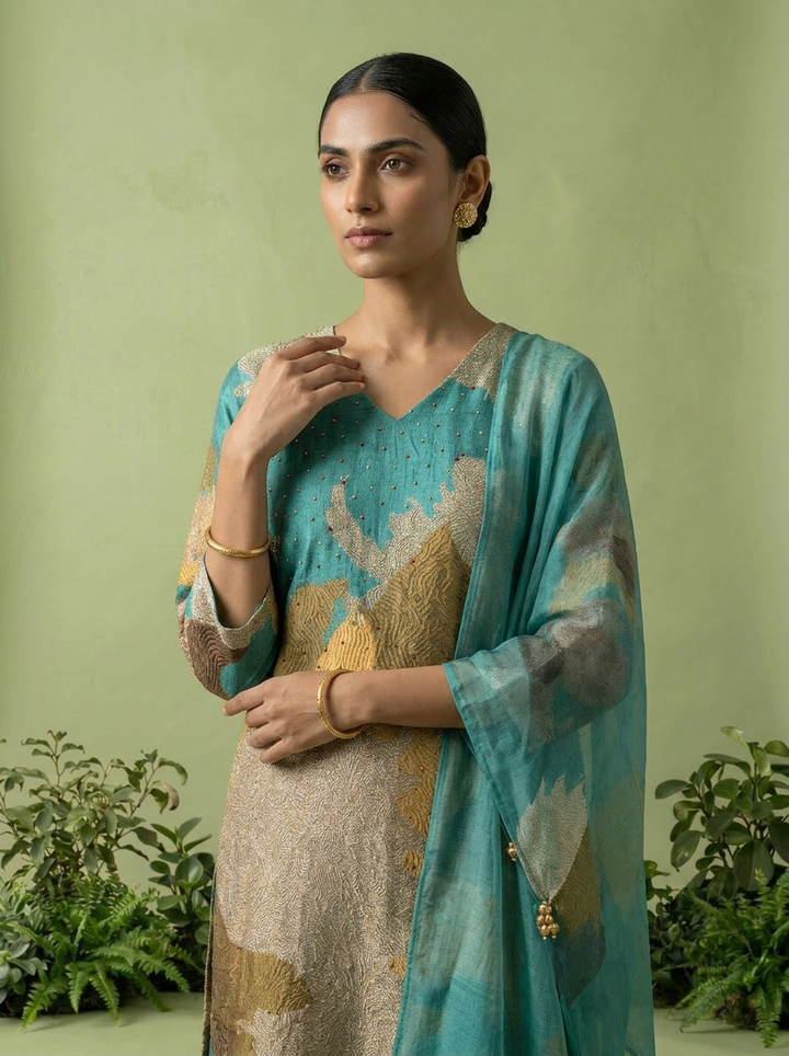 Sea Green And Beige Rayon Abstract Printed Three Piece Set