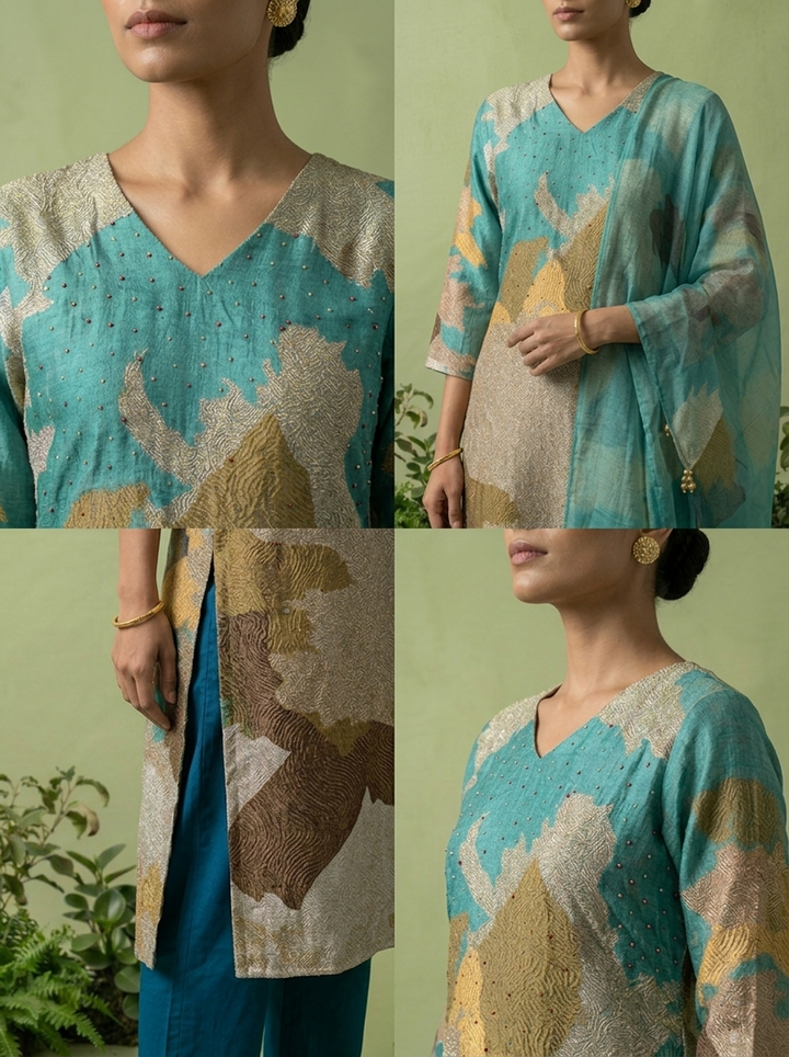 Sea Green And Beige Rayon Abstract Printed Three Piece Set