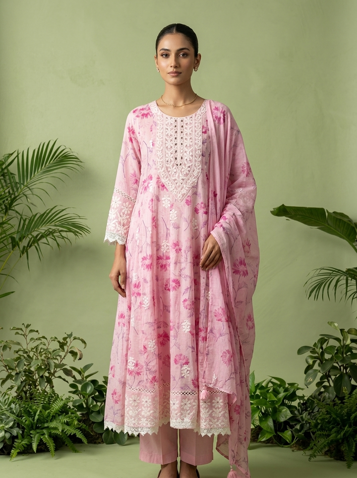 Baby Pink Cotton Floral Printed And Thread Embroidery Three Piece Set