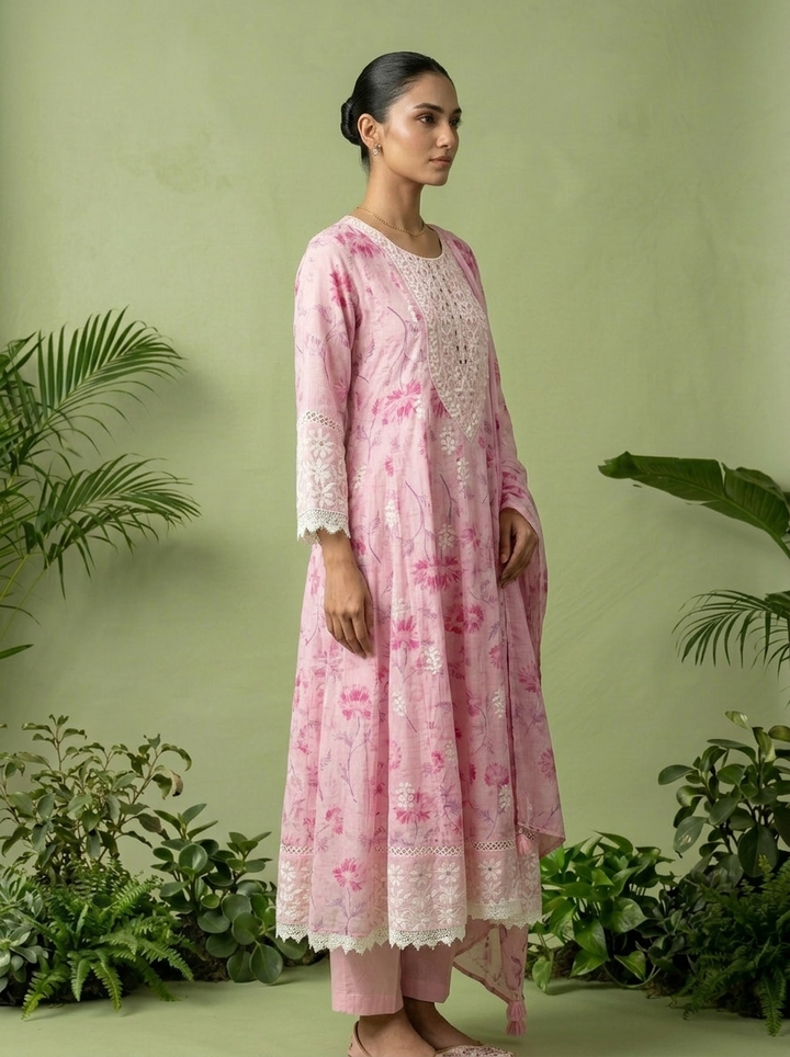 Baby Pink Cotton Floral Printed And Thread Embroidery Three Piece Set