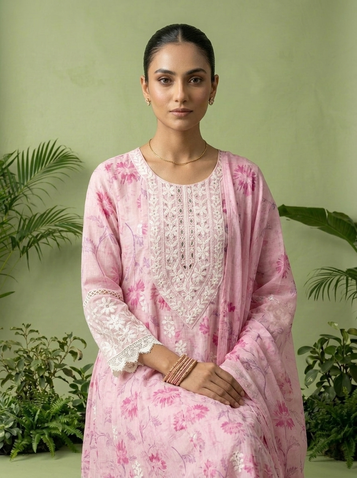 Baby Pink Cotton Floral Printed And Thread Embroidery Three Piece Set