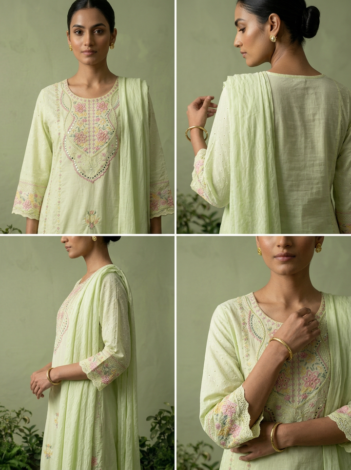 Pista Cotton Floral Thread Embroidered Three Piece Set