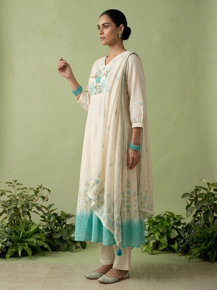 Turquoise Cotton Floral Thread Embroidered Three Piece Set