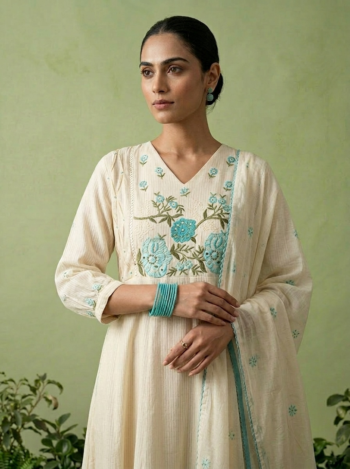 Turquoise Cotton Floral Thread Embroidered Three Piece Set