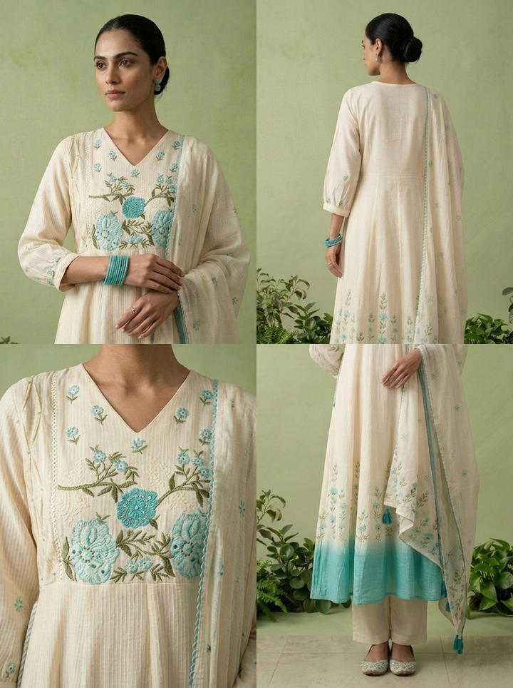 Turquoise Cotton Floral Thread Embroidered Three Piece Set