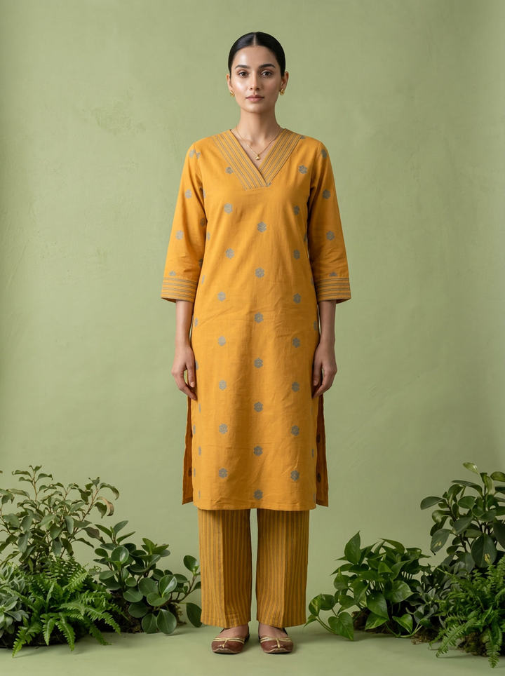 Mustard Cotton Floral Thread Embroidered Two Piece Set