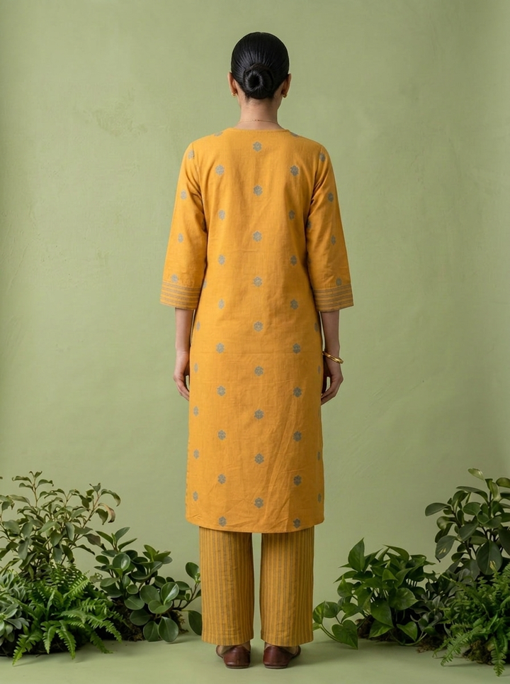 Mustard Cotton Floral Thread Embroidered Two Piece Set