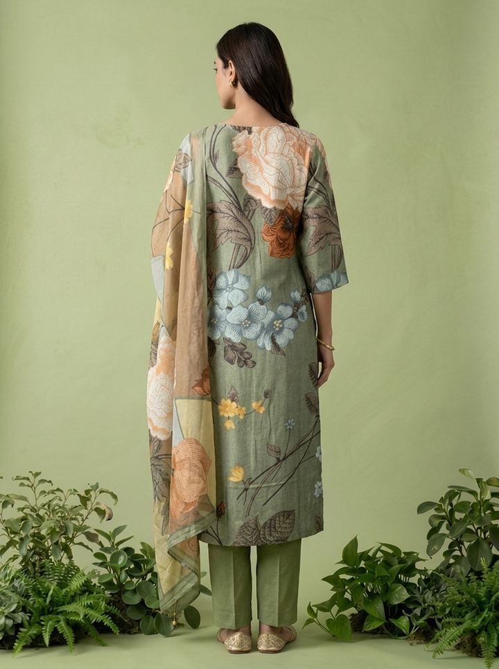 Olive Muslin Floral Digital Printed Three Piece Set