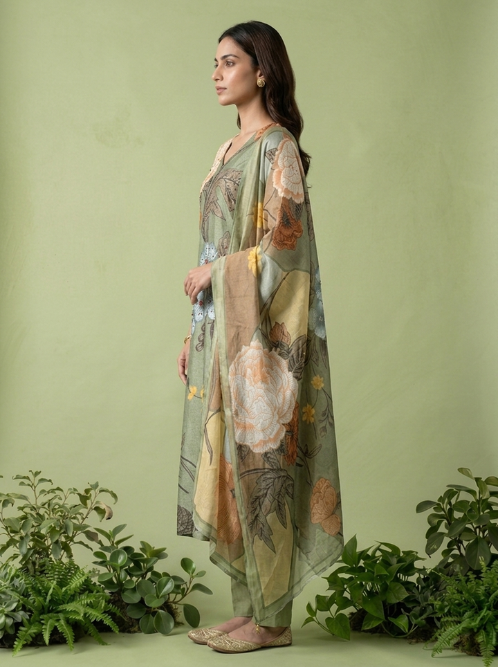 Olive Muslin Floral Digital Printed Three Piece Set