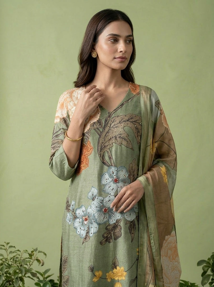 Olive Muslin Floral Digital Printed Three Piece Set