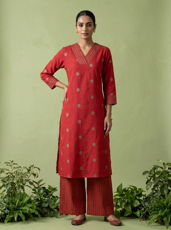 Maroon Cotton Floral Thread Embroidered Two Piece Set