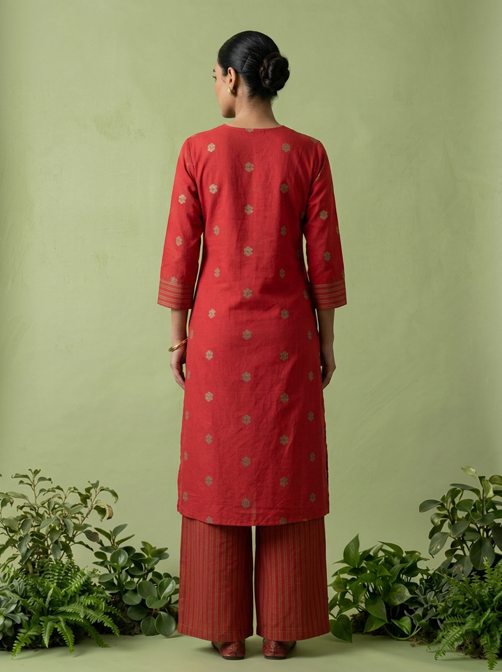 Maroon Cotton Floral Thread Embroidered Two Piece Set