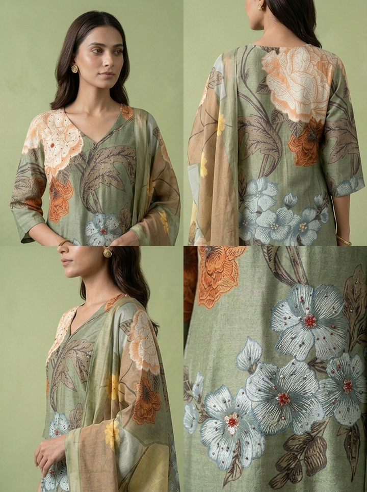 Olive Muslin Floral Digital Printed Three Piece Set