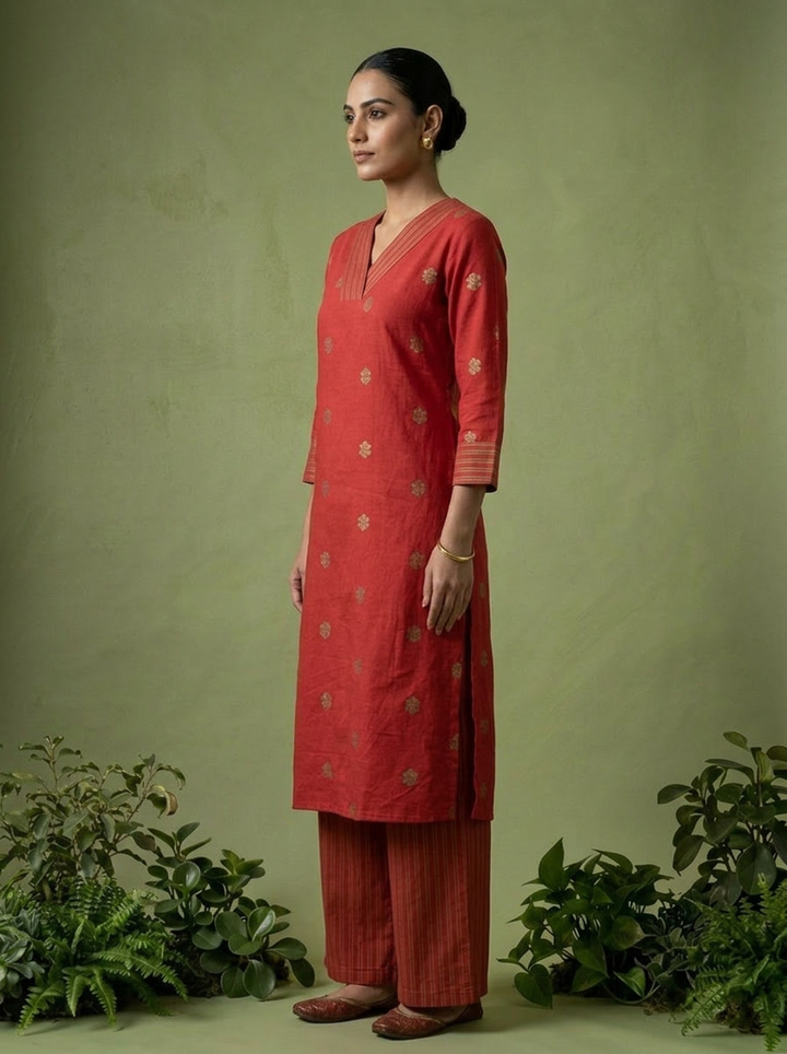 Maroon Cotton Floral Thread Embroidered Two Piece Set