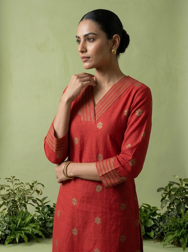 Maroon Cotton Floral Thread Embroidered Two Piece Set