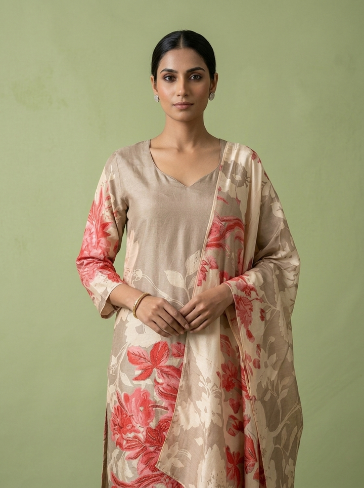 Beige And Red Silk Floral Digital Printed Three Piece Set