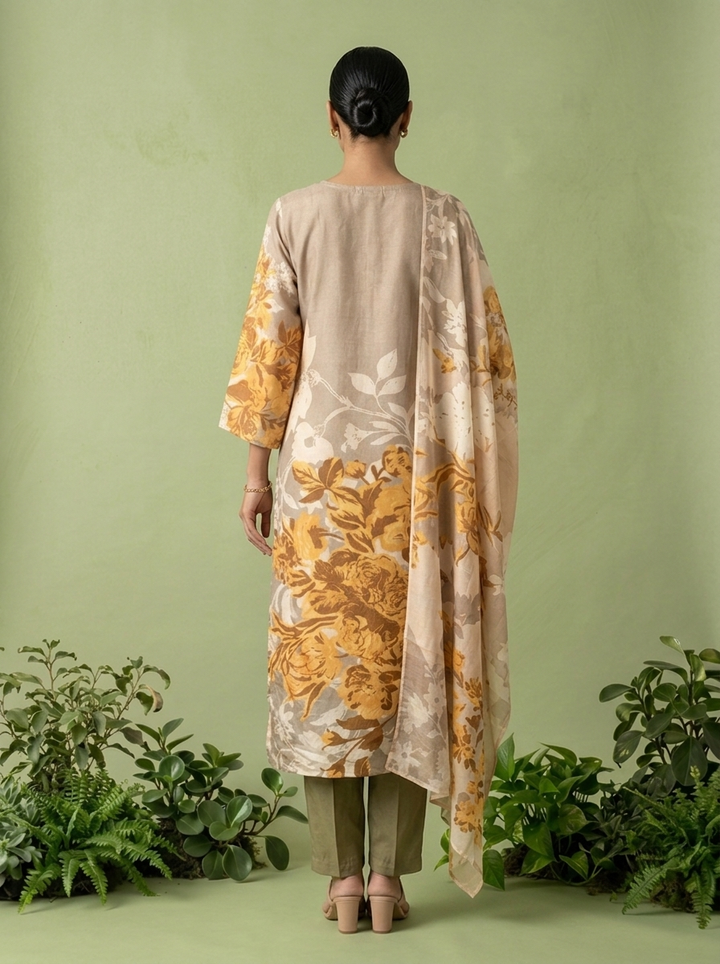 Beige And Yellow Silk Floral Digital Printed Three Piece Set