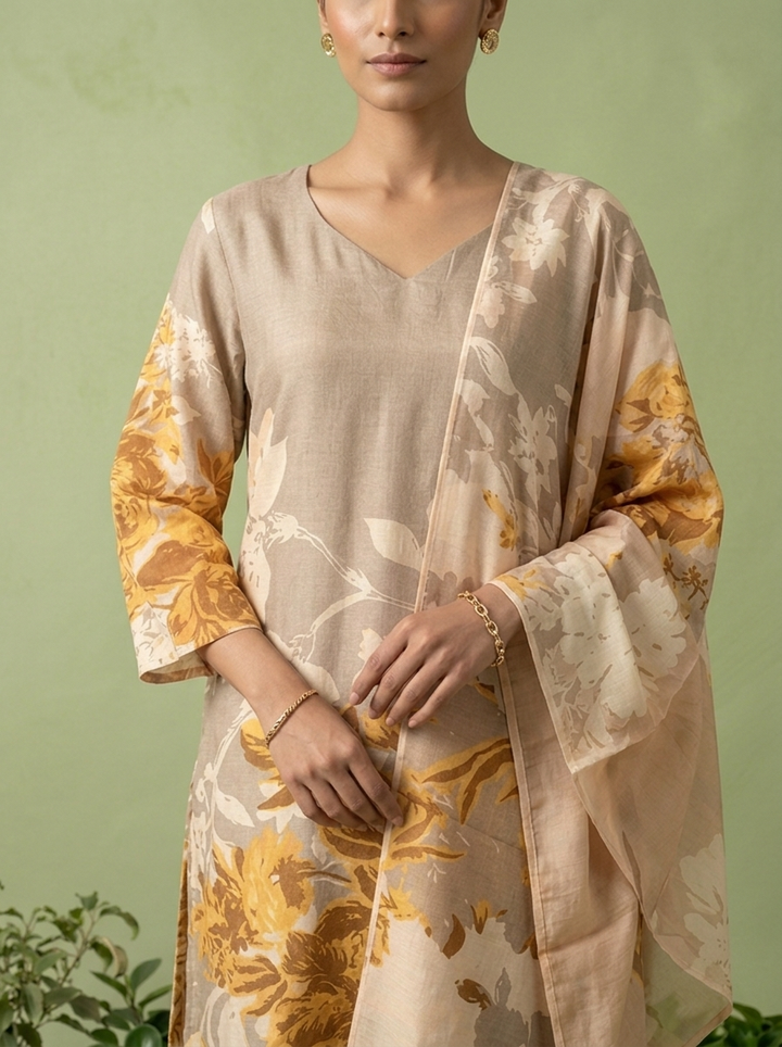 Beige And Yellow Silk Floral Digital Printed Three Piece Set
