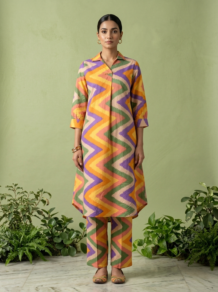 Multicolor Cotton Chevron Printed Two Piece Set