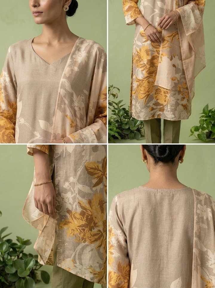 Beige And Yellow Silk Floral Digital Printed Three Piece Set
