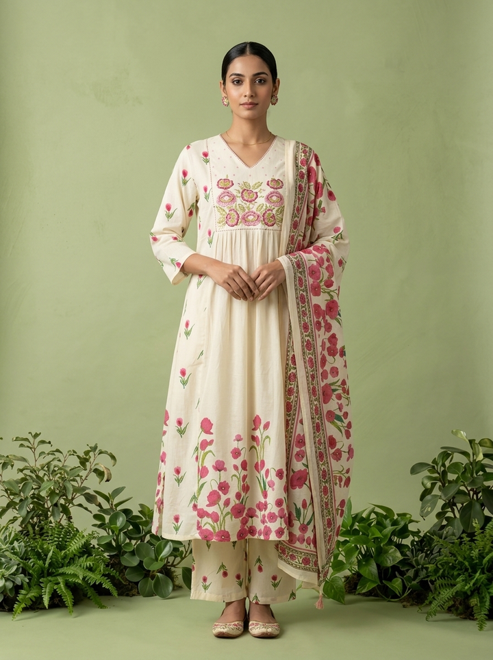 Cream Cotton Floral Printed And Thread Embroidery Three Piece Set