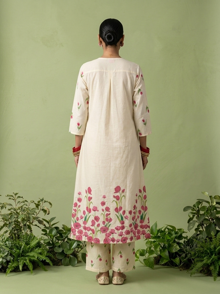 Cream Cotton Floral Printed And Thread Embroidery Three Piece Set