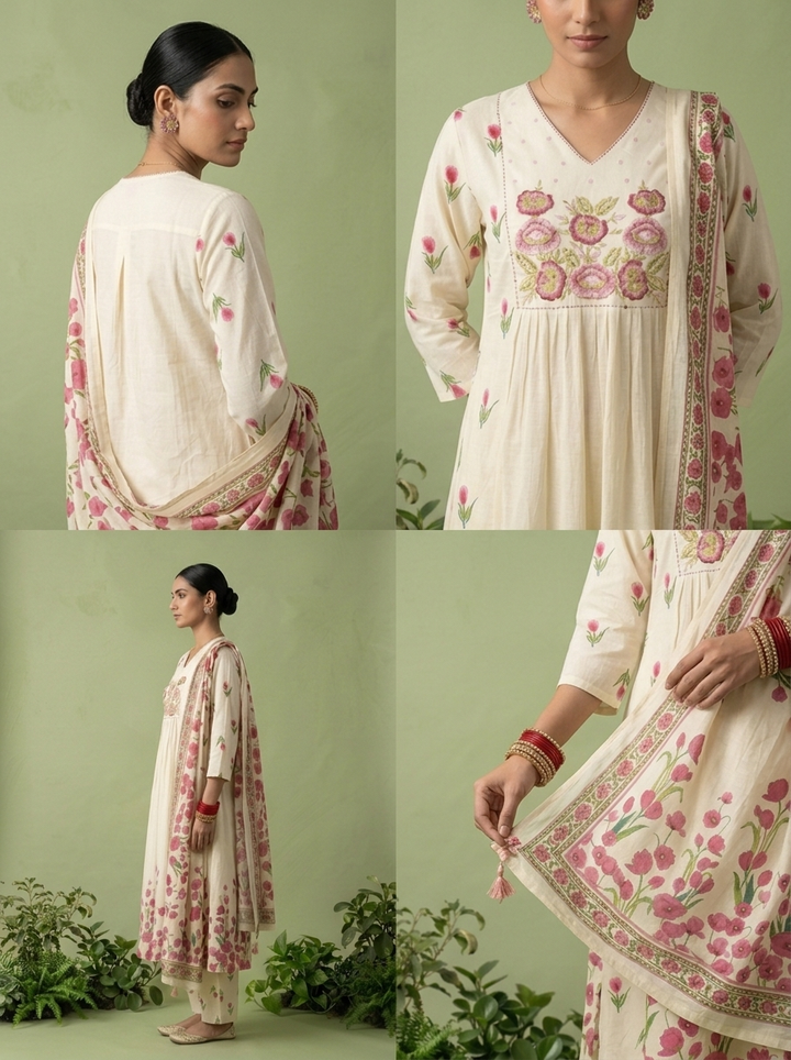 Cream Cotton Floral Printed And Thread Embroidery Three Piece Set
