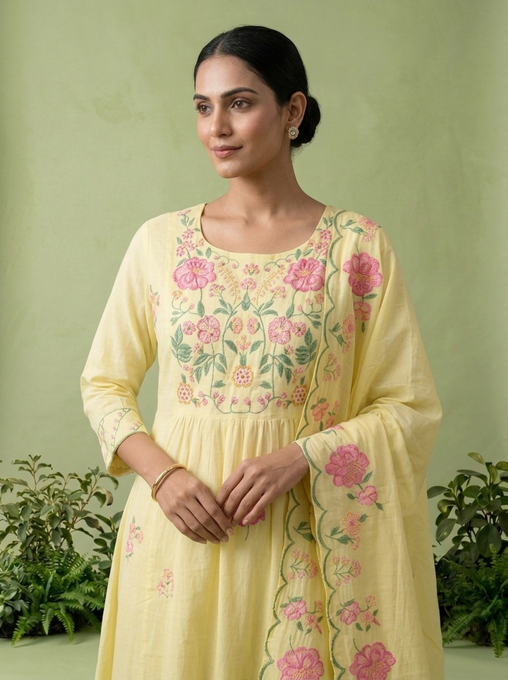 Yellow Cotton Floral Printed Three Piece Set