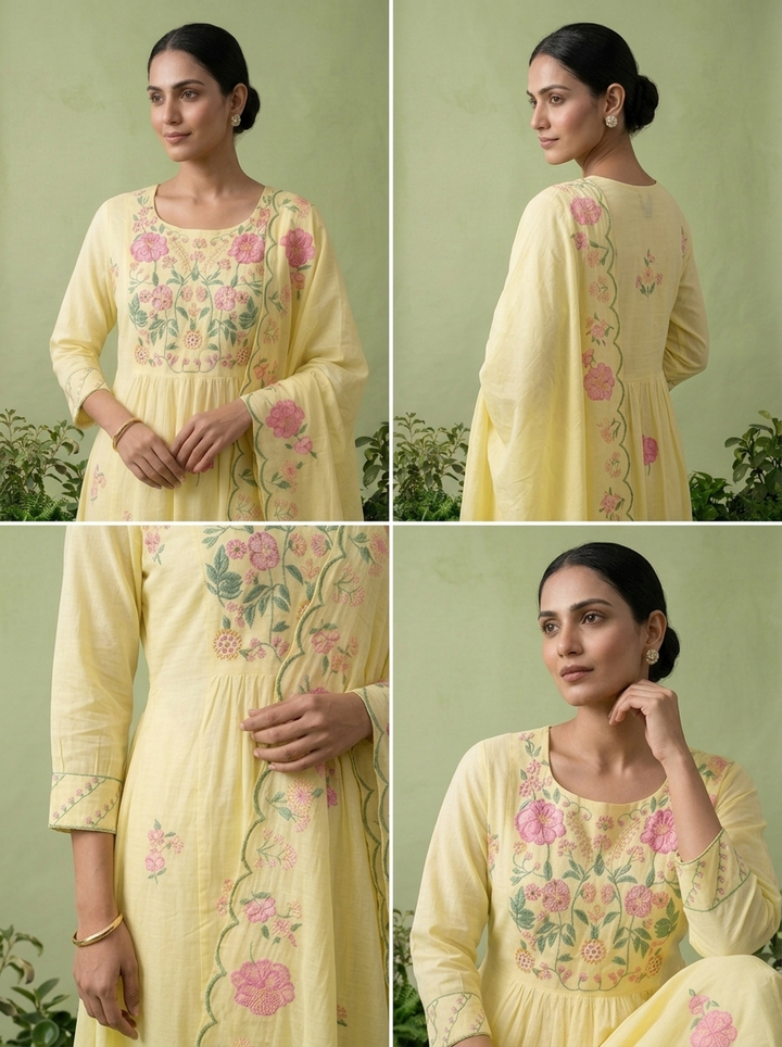 Yellow Cotton Floral Printed Three Piece Set
