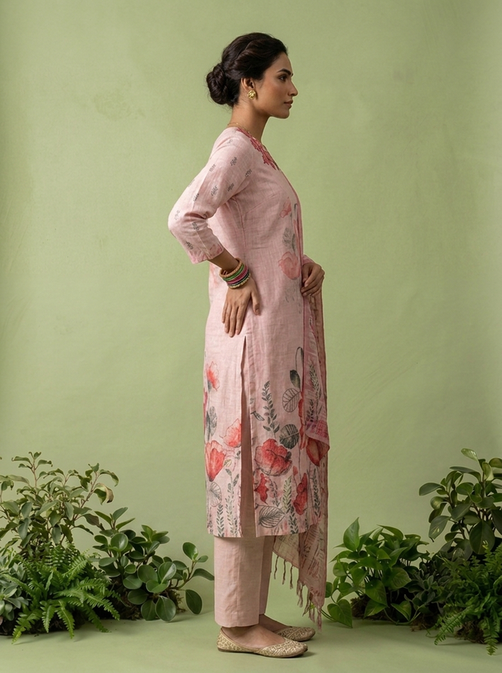 Peach Linen Floral Printed Three Piece Set