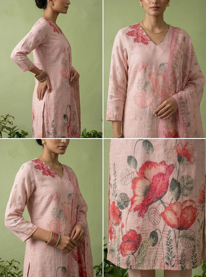 Peach Linen Floral Printed Three Piece Set