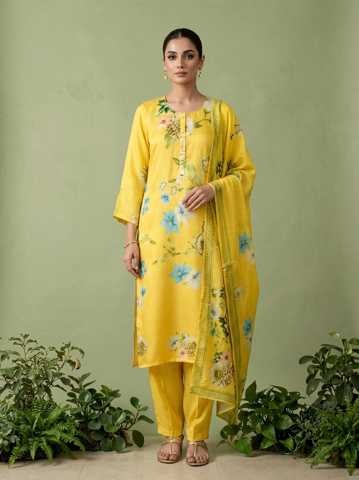 Yellow Linen Heavy Floral Printed Three Piece Set