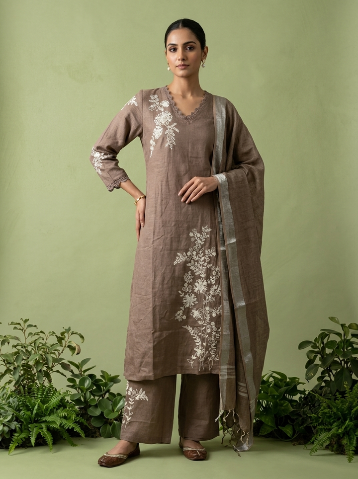 Brown Linen Floral Thread Embroidery Three Piece Set