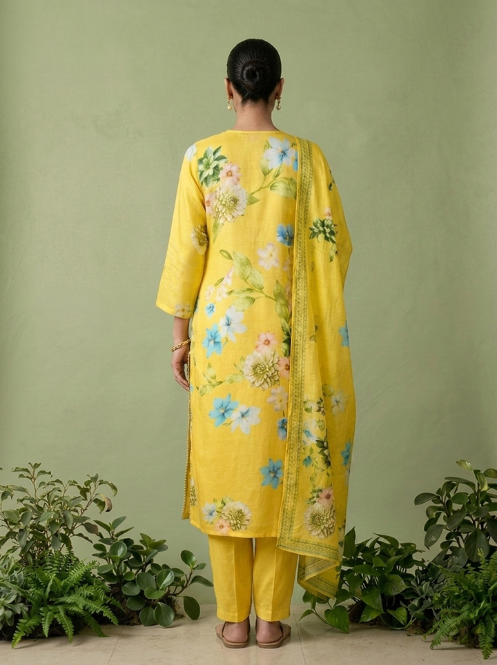 Yellow Linen Heavy Floral Printed Three Piece Set