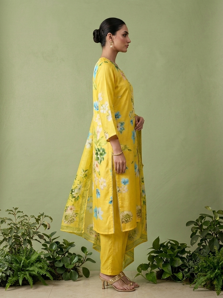 Yellow Linen Heavy Floral Printed Three Piece Set