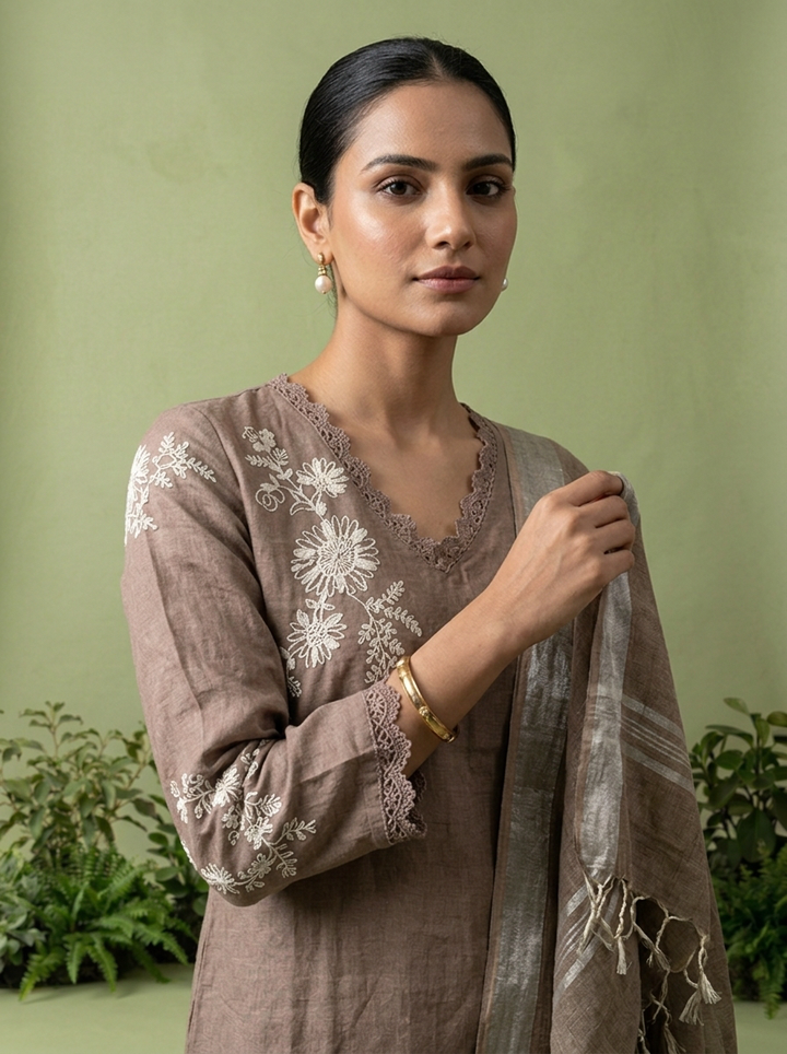 Brown Linen Floral Thread Embroidery Three Piece Set