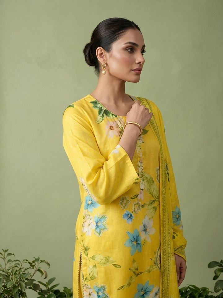 Yellow Linen Heavy Floral Printed Three Piece Set
