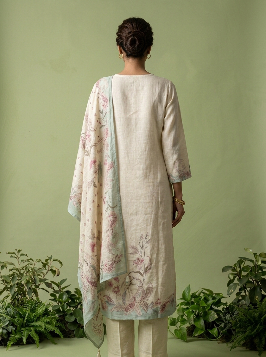 Cream Linen Floral Printed And Sequins Embroidered Three Piece Set