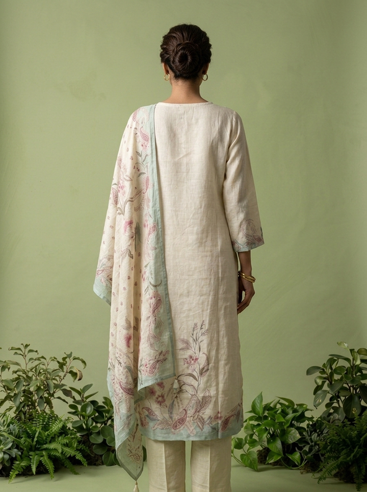 Cream Linen Floral Printed And Sequins Embroidered Three Piece Set