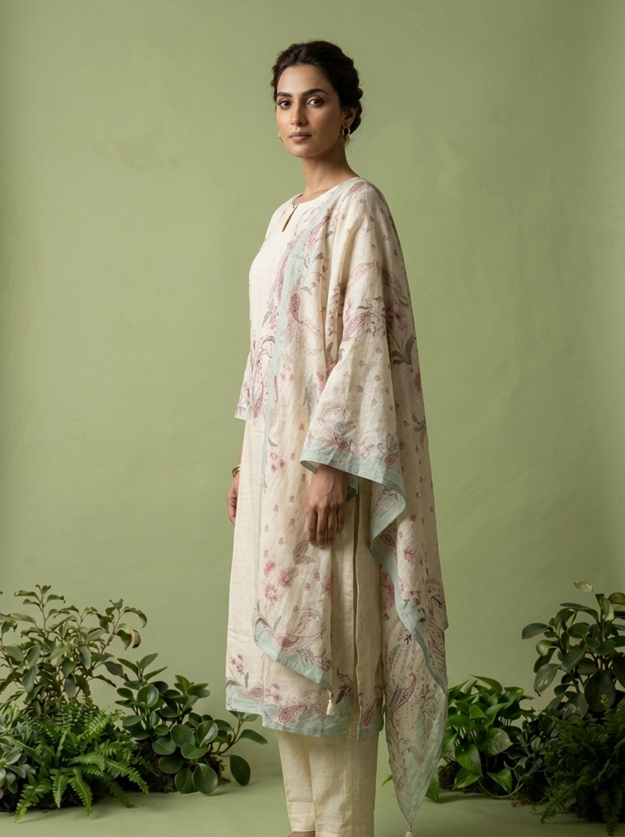 Cream Linen Floral Printed And Sequins Embroidered Three Piece Set