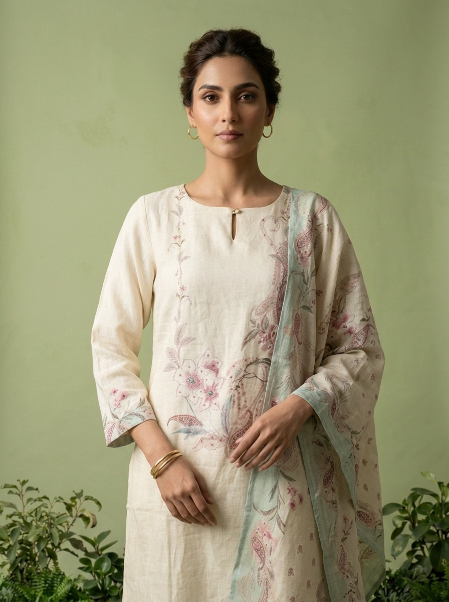 Cream Linen Floral Printed And Sequins Embroidered Three Piece Set